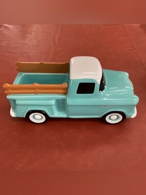 Turquoise and White Ceramic Truck Planter with Brown Bed Rails